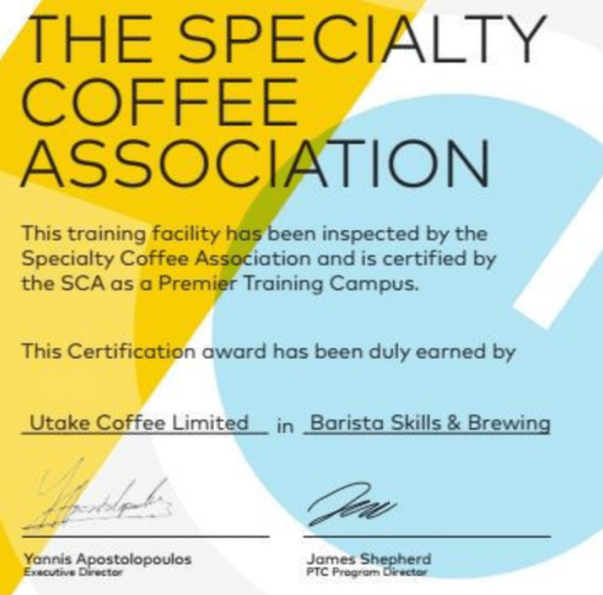 SCA certificate for Barista Skills and Brewing