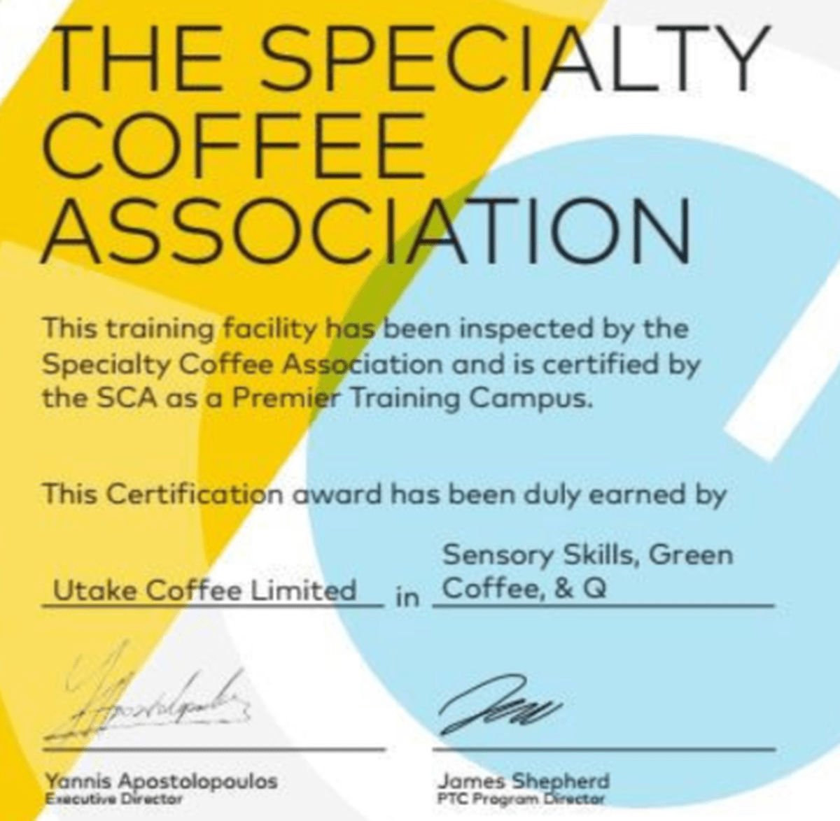SCA certificate for Sensory Skills, Green Coffee, and Q